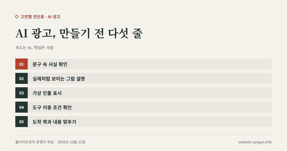 AI 광고를 올리기 전 확인할 다섯 가지를 적은 도식