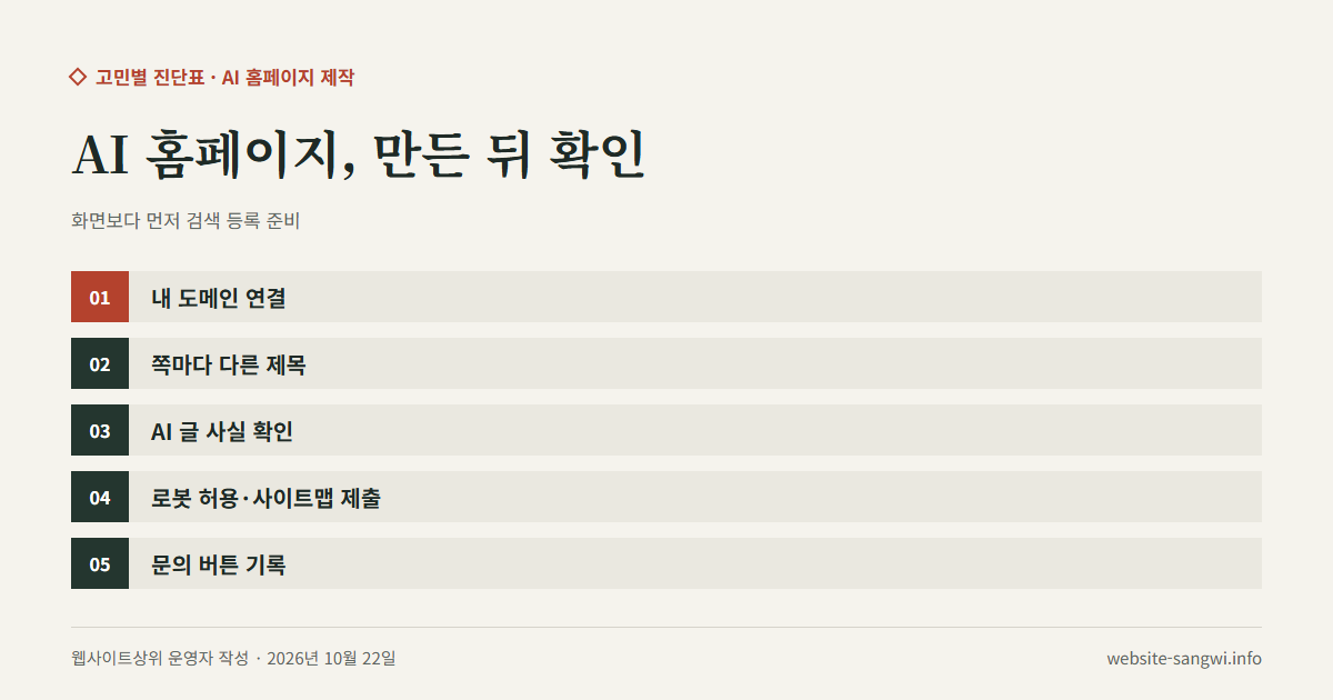 AI로 만든 홈페이지를 검색에 나오게 하려고 확인할 항목을 적은 도식