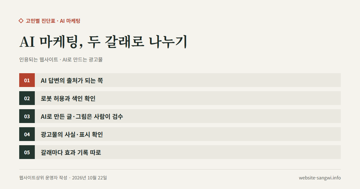 AI 마케팅의 두 갈래와 확인할 것 다섯 가지를 적은 도식