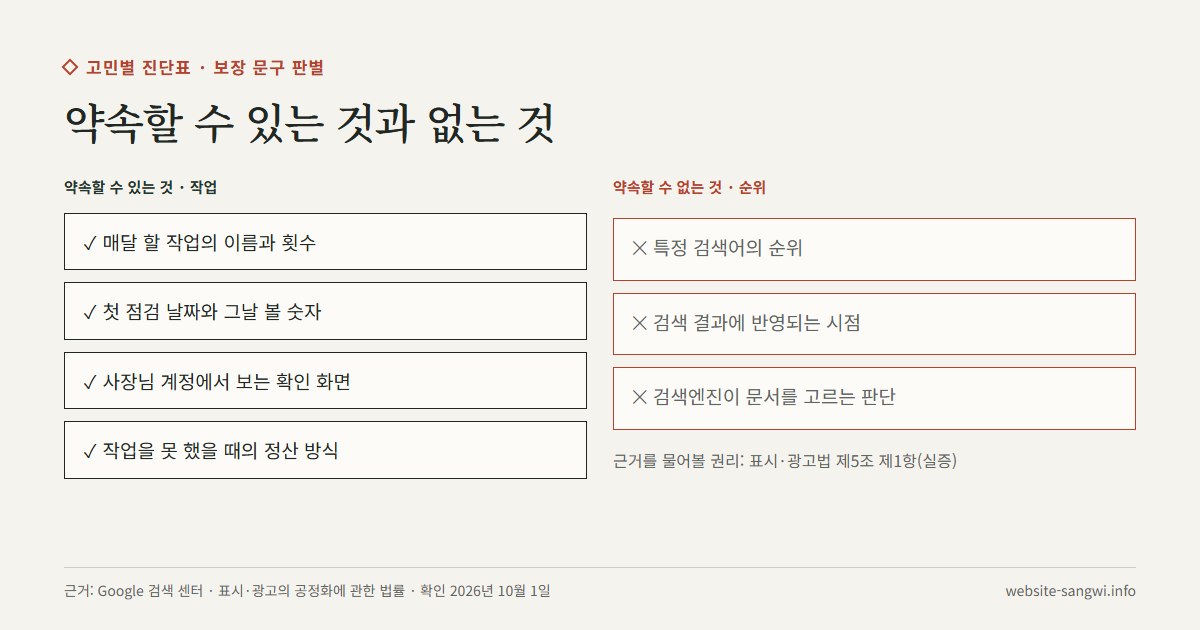 대행사가 약속할 수 있는 작업과 약속할 수 없는 검색 순위를 두 칸으로 나눈 도식
