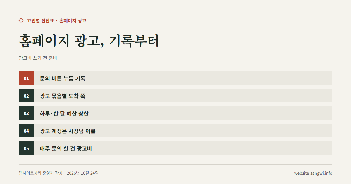 홈페이지 광고 전에 문의 기록·도착 쪽·예산 상한을 정하고 매주 볼 숫자를 적은 도식