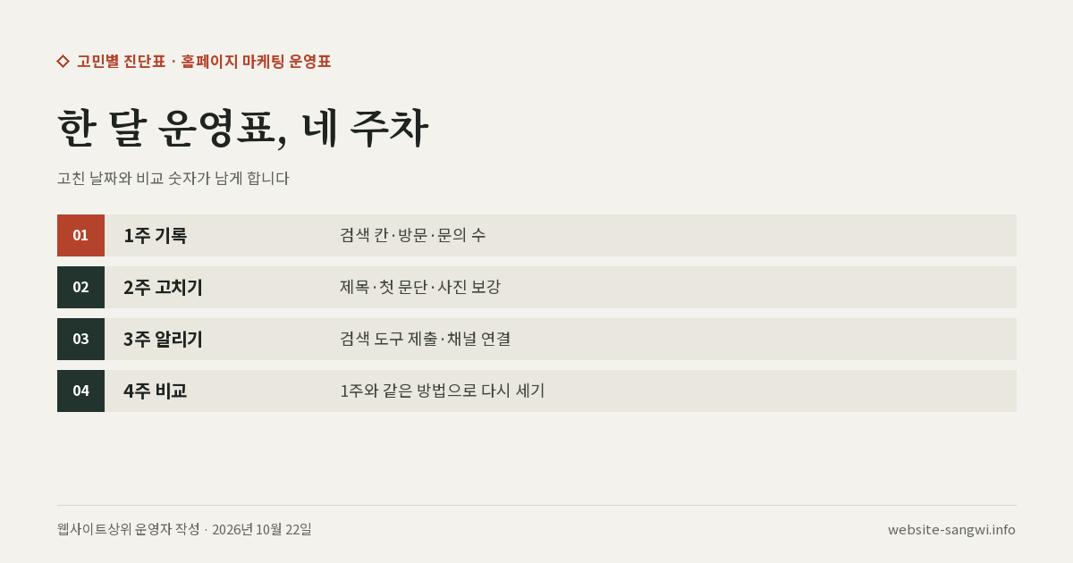 홈페이지 마케팅 한 달 운영을 기록·고치기·알리기·비교 네 주차로 나눈 도식