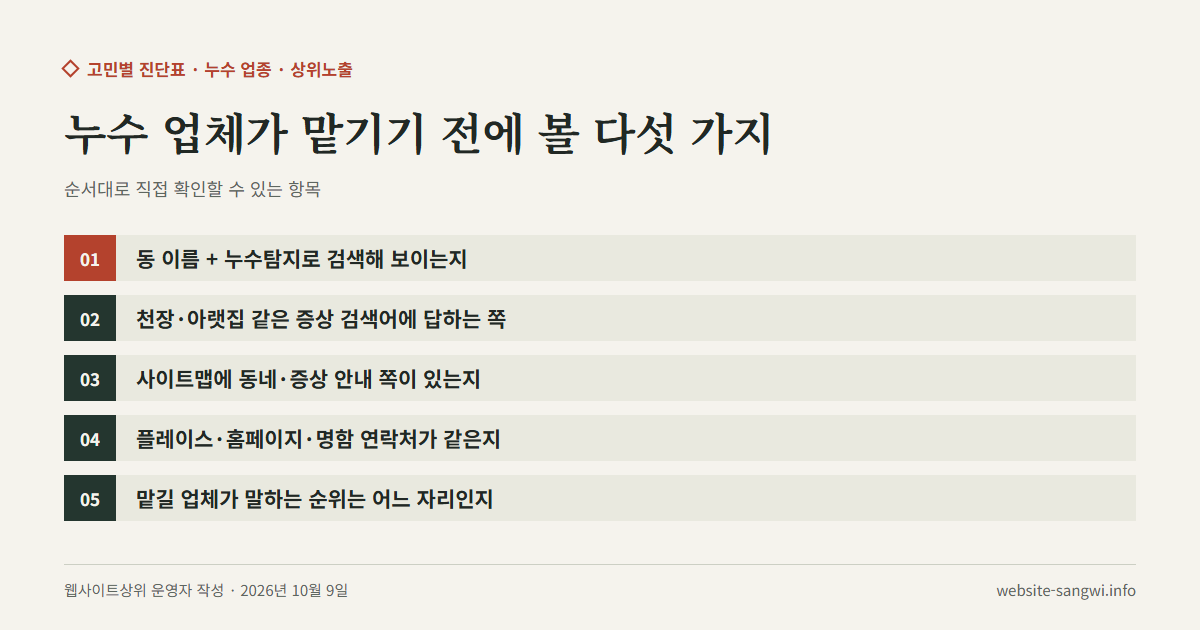누수 업체가 상위노출을 맡기기 전에 확인할 다섯 가지를 차례로 적은 도식