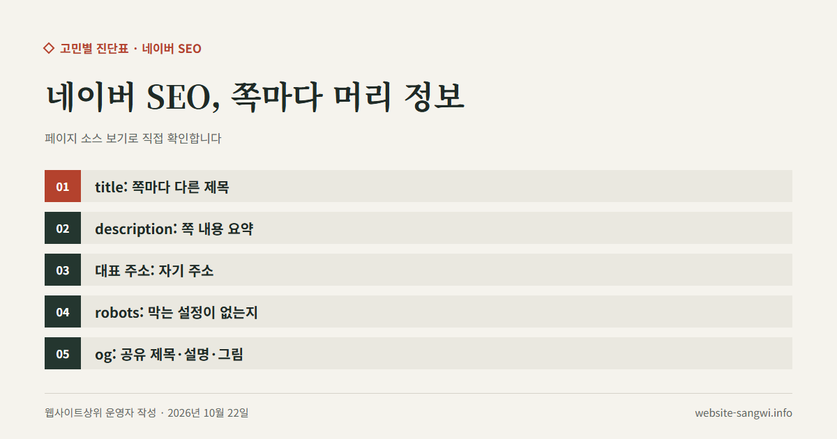 네이버 SEO를 쪽마다 확인하는 머리 정보 여섯 칸 중 다섯 가지를 적은 도식