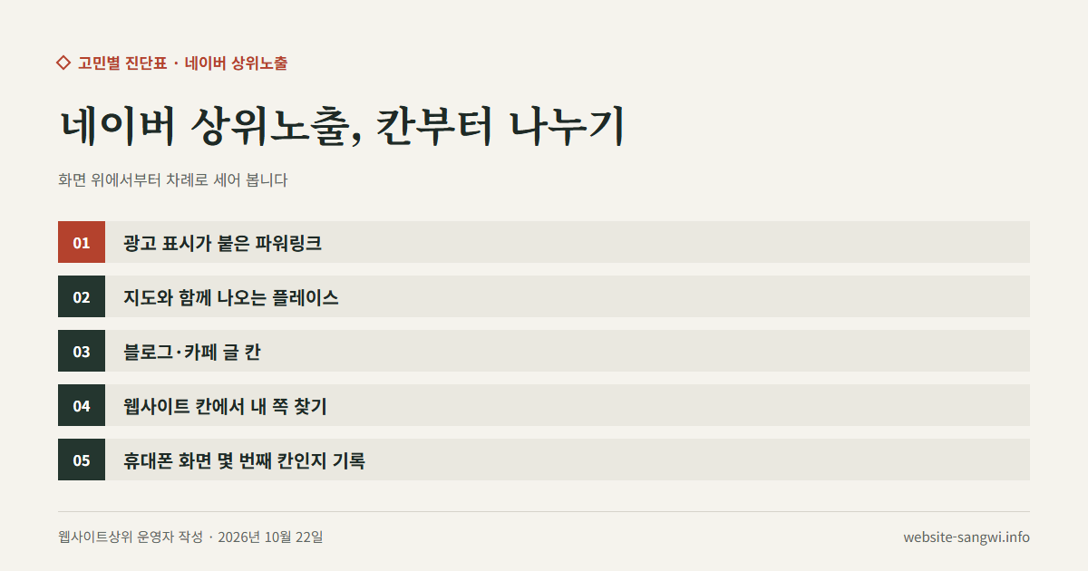네이버 검색 결과의 칸을 광고·지도·블로그·웹사이트로 나누고 홈페이지가 설 칸을 찾는 다섯 단계를 적은 도식