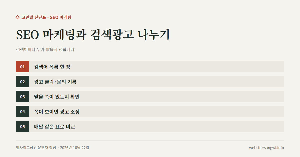 SEO 마케팅과 검색광고가 같은 검색어를 나눠 맡는 다섯 단계를 적은 도식