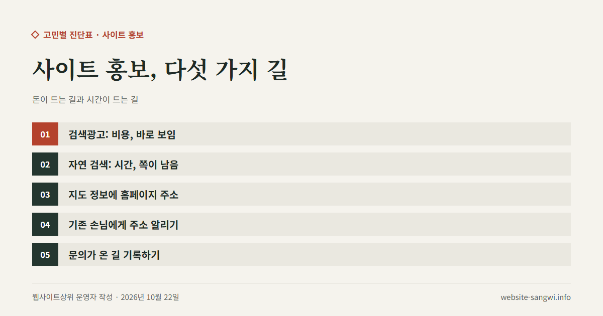 사이트 홍보 방법을 돈과 시간으로 나눈 다섯 가지를 적은 도식